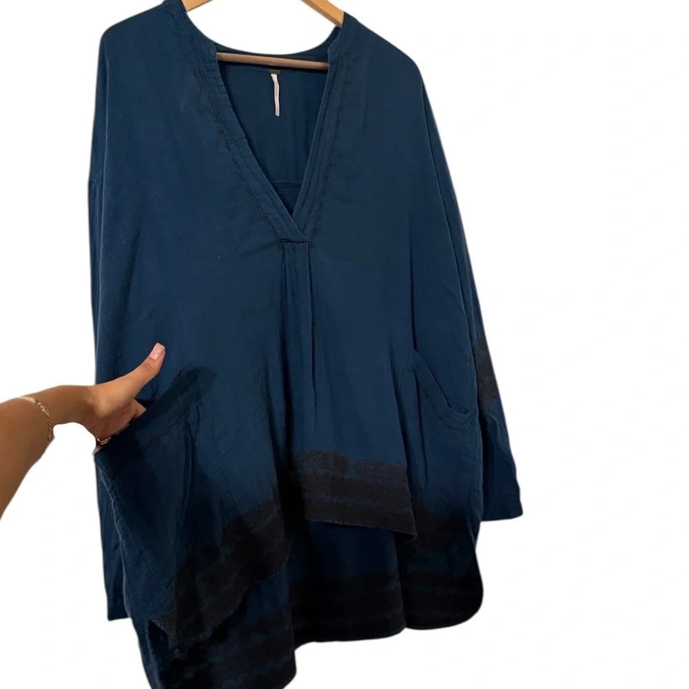 FREE PEOPLE Embroidered Teal Long Sleeve Top Shirt Tunic